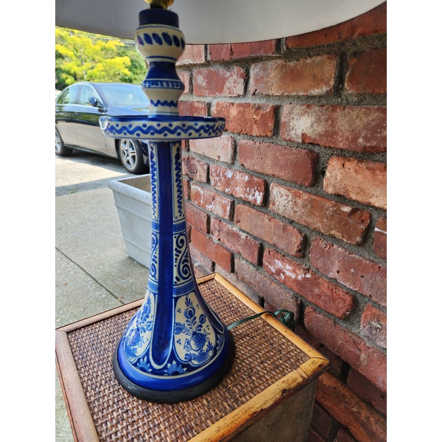 Late 19th Century Antique Delft Candlestick Lamp With Navy Silk Shade For Sale - Image 5 of 12