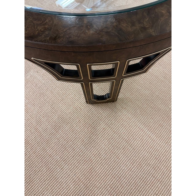 Mastercraft 1970’s Ultra Rare Round Mastercraft Burled Glass Top Coffee Table With Intricate Recessed Brass Trim. For Sale - Image 4 of 12