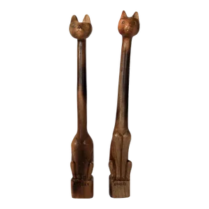Pair of Mid-Century Carved Long Neck Cat Figurines