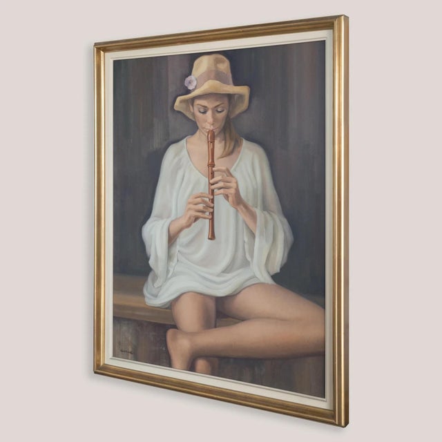 Unknown, Girl Playing Recorder Signed, 1960s, Oil on Canvas For Sale - Image 4 of 10