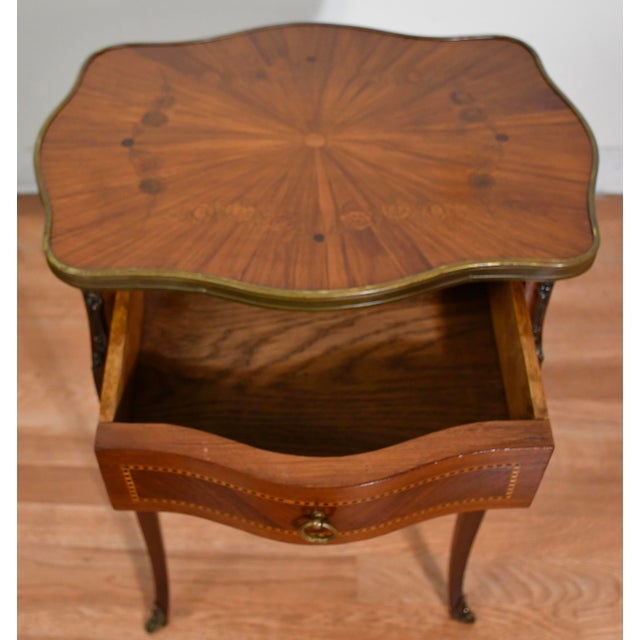 1910 Antique French Louis XV Walnut Satin Wood Inlay Nightstand Table France For Sale - Image 10 of 14
