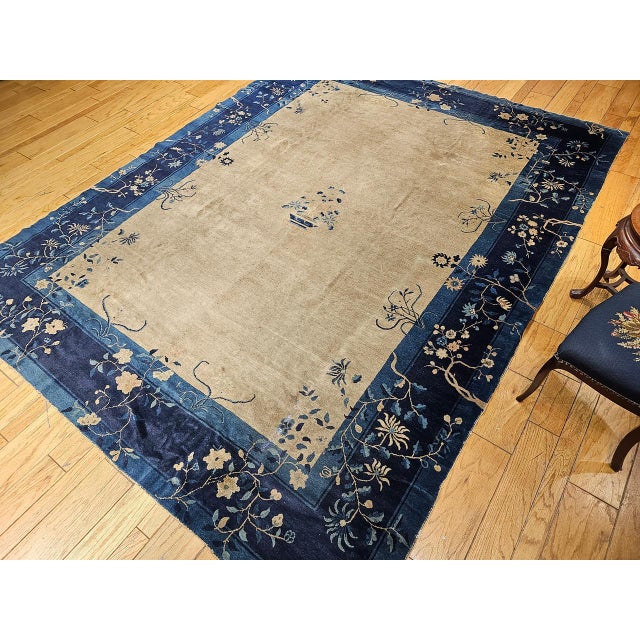 Tan Antique Chinese Peking Rug, Wool Pile, Tan Field, Navy Border, 9' x 12' For Sale - Image 8 of 17