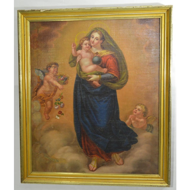 Devotional painting depicting the Virgin Mary and Baby Jesus, accompanied by two flying angels, symbols of purity and...
