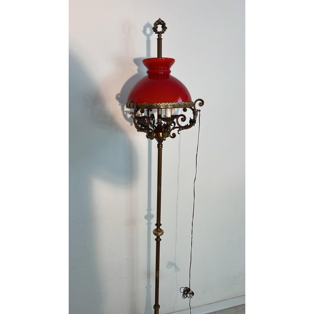 Metal Mid-Century Floor Lamp in Brass, Marble and Red Opaline Glass, 1950s For Sale - Image 7 of 8