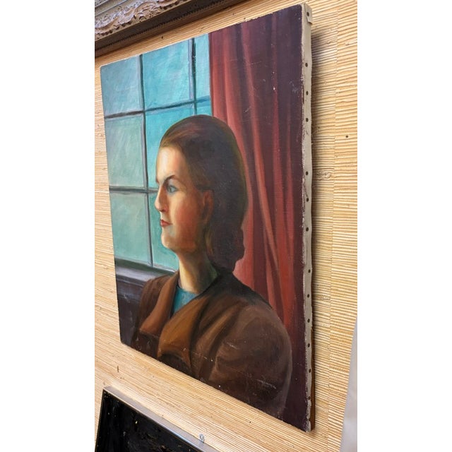 Mid-Century Modern 1940's Lady Painting, Portrait - Looking Out the Window For Sale - Image 3 of 9