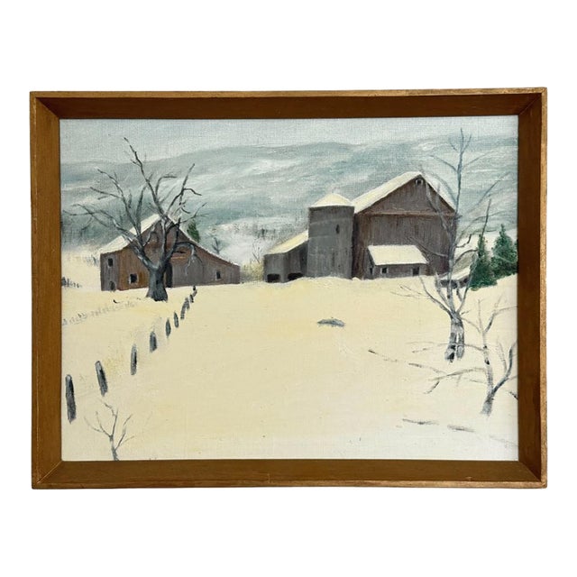 Vintage Folk Art Winter Landscape With Barn and Bare Trees (1977, Oil on Board) For Sale