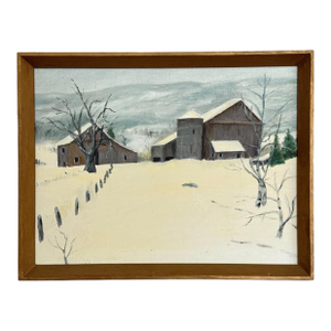 Vintage Folk Art Winter Landscape With Barn and Bare Trees (1977, Oil on Board)