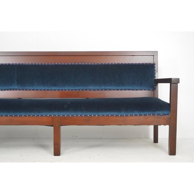 Traditional Mid 20th Century Traditional 121.75 In. Blue Velvet Walnut Settee Bench For Sale - Image 3 of 16