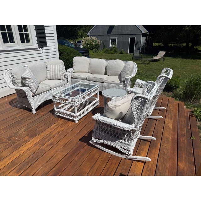 Antique American Wicker Patio Suite — Bar Harbor Style | 6 Pieces | Custom Cushions | Ex. The Wicker Shop, Old Saybrook For Sale - Image 13 of 14