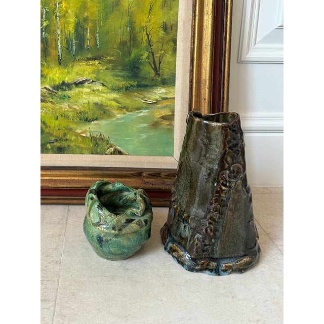 Vintage Large Handcrafted Brutalist Ceramic Vase in Olive Green & Brown For Sale - Image 17 of 18