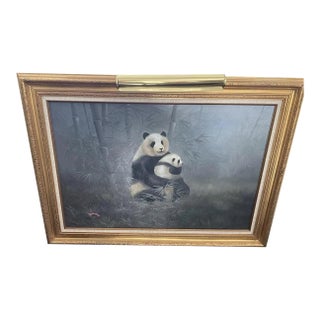 Framed Panda Landscape Oil Painting & Art Light For Sale