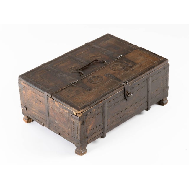 Early 20th Century Indian Carved Wood & Wrought Iron Storage Chest Box