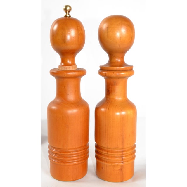 Rustic European Italian Large Vintage Turned Solid Wood Brass Décor Salt Shaker & Pepper Mill Grinder For Sale - Image 3 of 12