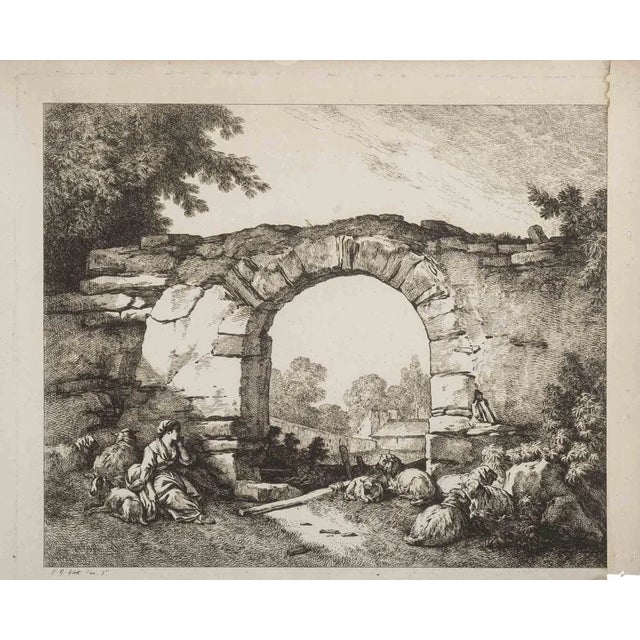 Landscape with Ruins is an original artwork realized by Jean-Baptiste Huet in the Late 19th Century. Etching print. Good...