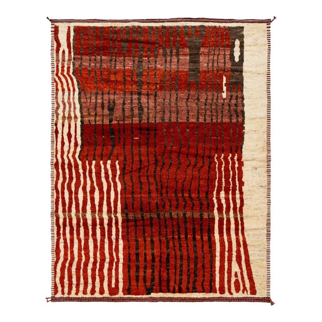 9x12 Modern Abstract Moroccan Style Wool Rug: Earthy Terracotta & Crimson For Sale
