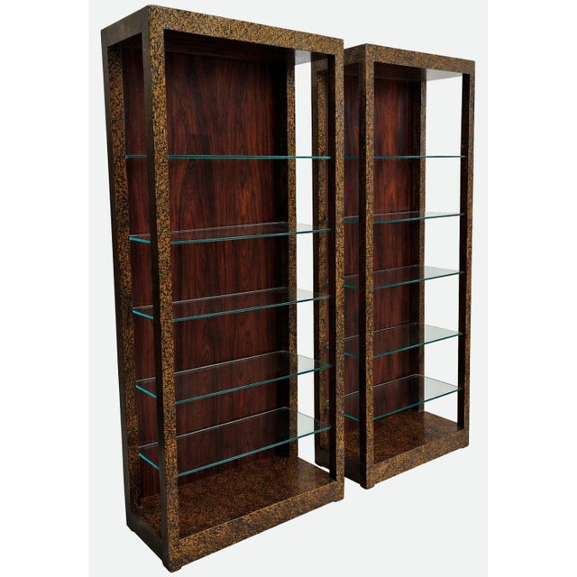 Mid-Century Modern Pair of Mid 20th Century John Widdicomb[Unsigned] Faux Tortoiseshell and Glass Etageres, Attributed For Sale - Image 3 of 11