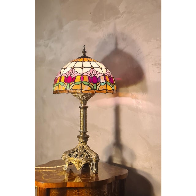 Metal Antique Art Nouveau Bronze Lamp with Stained Glass Shade in the style of Tiffany, 1900 For Sale - Image 7 of 10