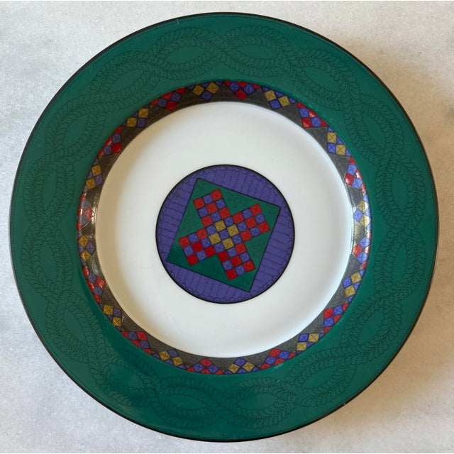 Set of 4 porcelain salad or lunch plates made by Dansk in the Quiltings Dinnerware Emerald Braid pattern. Made in...