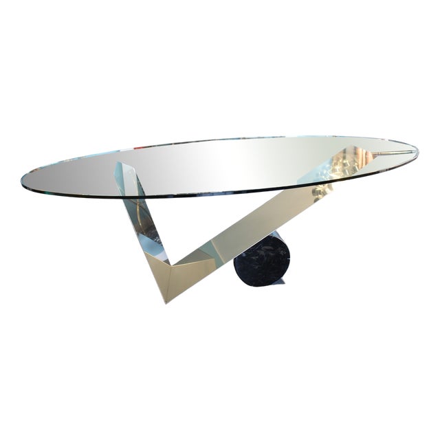 Oval Dining Table in Black Marble and Steel, 1990 For Sale