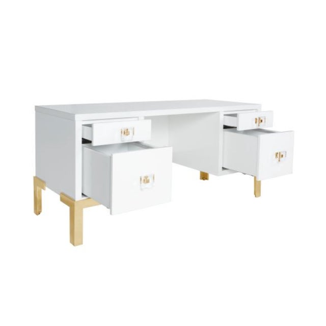 Contemporary Matthew Izzo Home Cosby White Lacquer and Polished Brass Legs Desk With Acrylic and Brass Knobs For Sale - Image 3 of 6