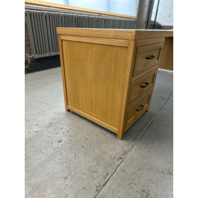 Beautiful, custom, extra-long, white oak desk with oil-rubbed bronze hardware on three storage drawers. Desk is large...