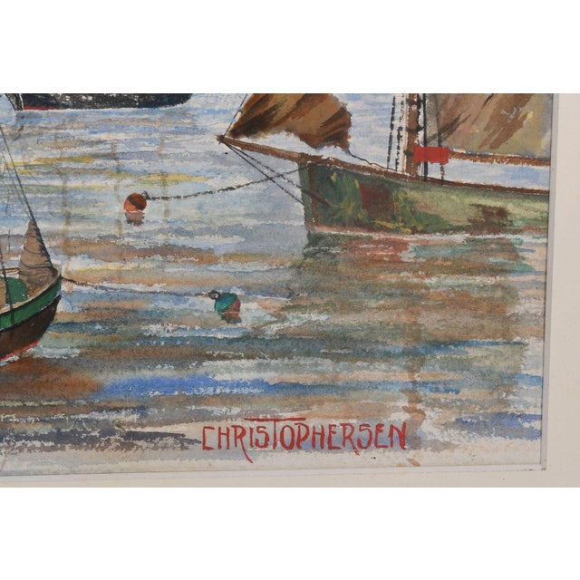 Late 20th Century Late 20th Century Carl Christophersen "Maritime Scene" Original Watercolor — Sailing Ships, Framed For Sale - Image 5 of 5