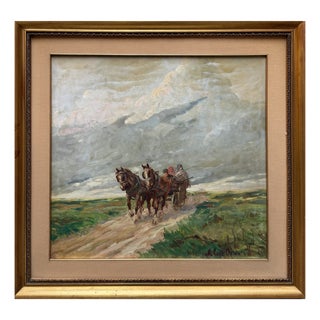 Figures in a Horse-Drawn Carriage, 20th Century, Oil on Panel, Framed For Sale