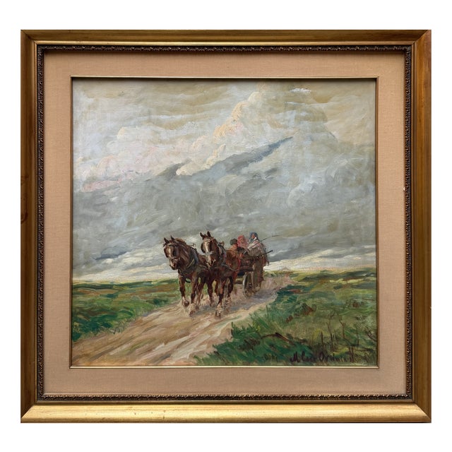 Figures in a Horse-Drawn Carriage, 20th Century, Oil on Panel, Framed For Sale