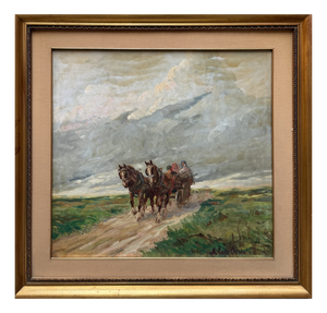 Figures in a Horse-Drawn Carriage, 20th Century, Oil on Panel, Framed