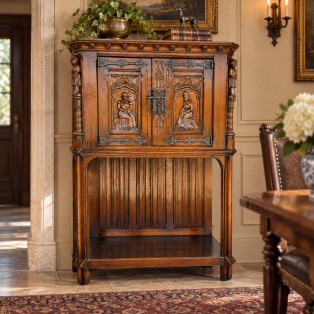 Antique Flemish Gothic Revival Carved Oak & Iron Pass-Through Credence Cabinet on Stand – Circa 1900 Period: Late 19th to...