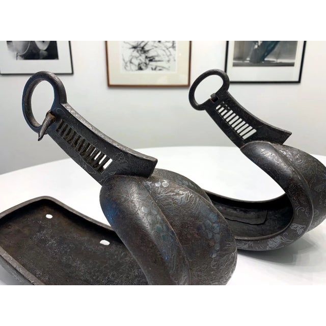 Metal Antique Japanese Iron Stirrups With Silver Inlay Signed - a Pair For Sale - Image 7 of 12