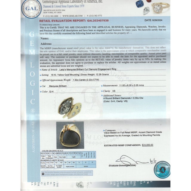 Modernist 18k Gold & 2.22 CTW Marquise Brilliant Cut Diamond Signet Style Ring For Sale - Image 12 of 12