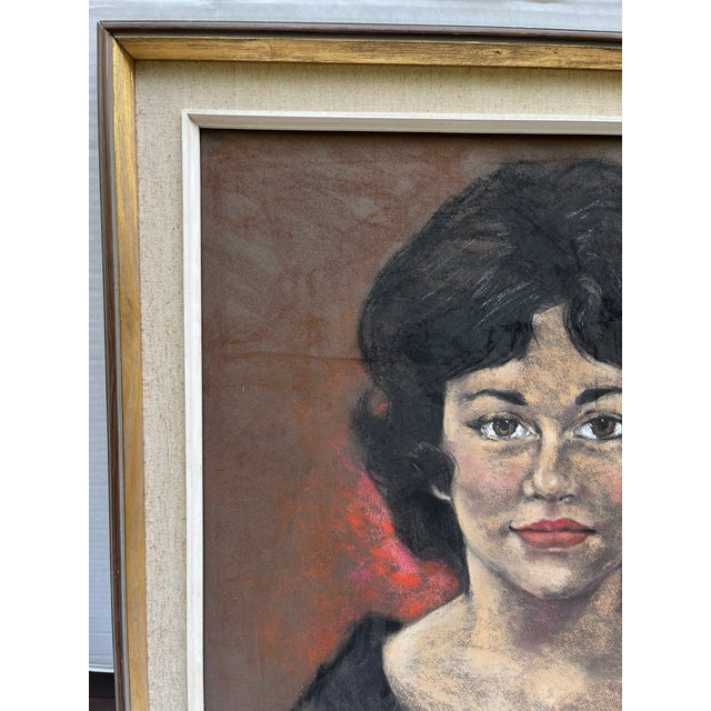 A vintage original painting of a woman with black hair, lipstick, and black top. Mixed media includes paint and charcoal....