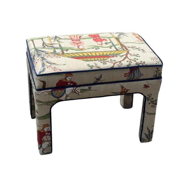 Pair Custom Upholstered Benches in Retired Thibaut “Ting Yuan” Chinoiserie linen fabric depicts traditional Asian scenery...