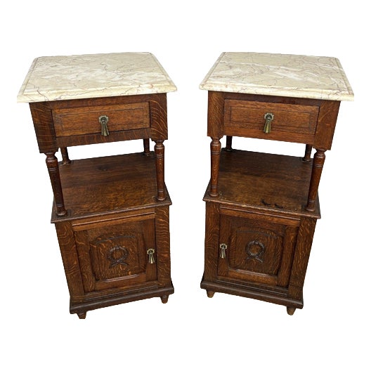 Bedside Tables in Carved Oak with Marble Top, Set of 2 For Sale
