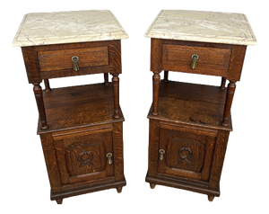 Bedside Tables in Carved Oak with Marble Top, Set of 2