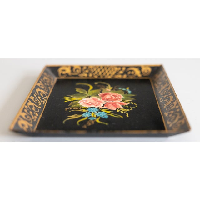French Country Vintage French Black Hand Painted Floral Gilt Tole Tray For Sale - Image 3 of 7