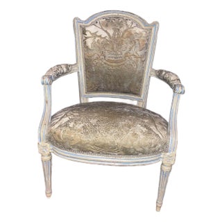 Early 19th Century Louis XV Style Bergere Chair Sabina Braxton French Velvet Fabric Light Blue For Sale