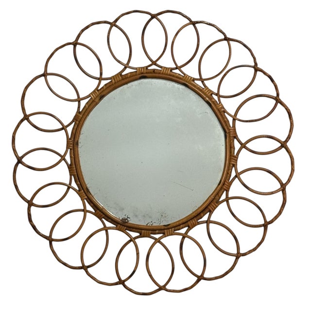 Vintage French Round Rattan Mirror, 1950s For Sale - Image 3 of 9