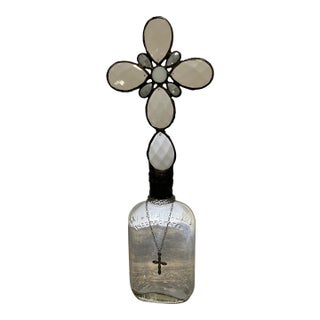 Handmade Crystal Cross Assemblage Sculpture on Embossed Clear Glass Flask For Sale