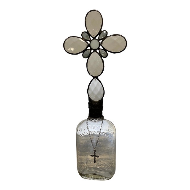 Handmade Crystal Cross Assemblage Sculpture on Embossed Clear Glass Flask For Sale