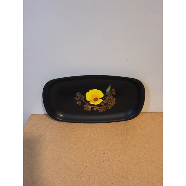 Mid 20th Century VTG MCM Couroc Ca Poppy Flower Rect Tray Inlaid 12.5”x9.5” Orange Yellow Gold For Sale - Image 5 of 11