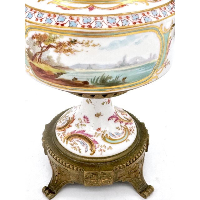 French 19th C. Sevres Louis XVI Style Ormolu Mounted Blanc Background Vase For Sale - Image 3 of 11