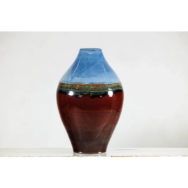 Art Deco Large Glazed Ceramic Vase with Blue, Green, and Brown Tones For Sale - Image 3 of 12