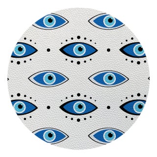 Eyes Blue White Vegan Leather Round Pebble Placemat, Set of 4 For Sale