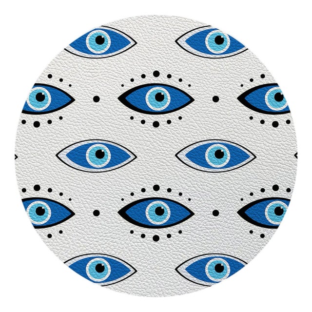Eyes Blue White Vegan Leather Round Pebble Placemat, Set of 4 For Sale