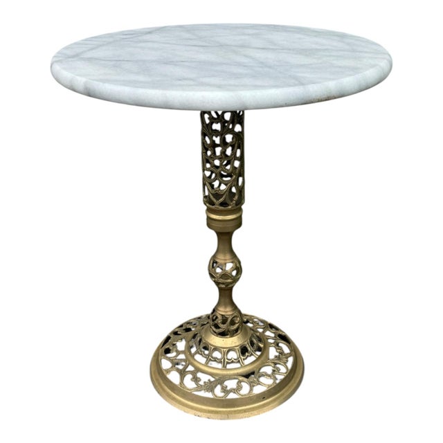 Hollywood Regency Vintage Hollywood Regency Round Blue Marble Top Brass Pedestal Side Table For Sale - Image 3 of 8