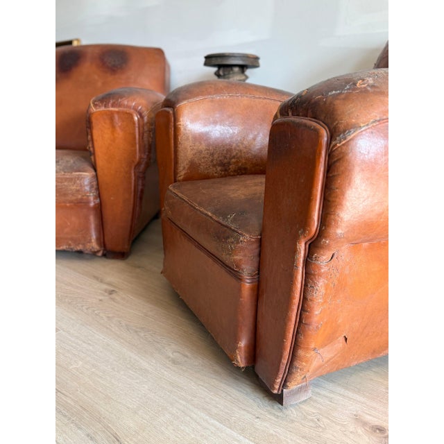Pair of Two Vintage Oversized French Leather Club Chairs For Sale In Denver - Image 6 of 18