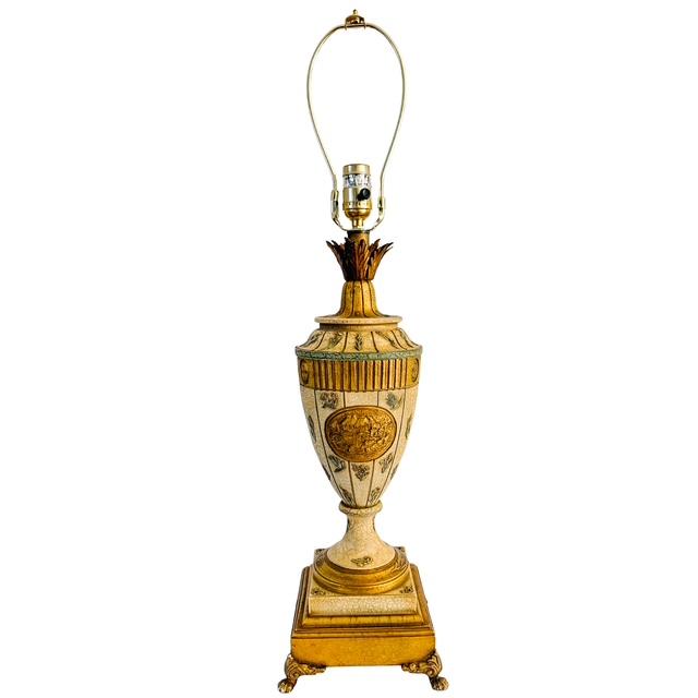 Cream Vintage Neoclassical Crackle Glazed Urn Table Lamps With Medallions - A Pair For Sale - Image 8 of 16