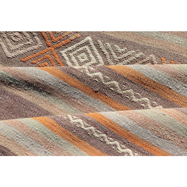 Mid 20th Century Vintage Turkish Flat-Weave Kilim in Muted Colors With Stripes and Embroideries For Sale - Image 11 of 12